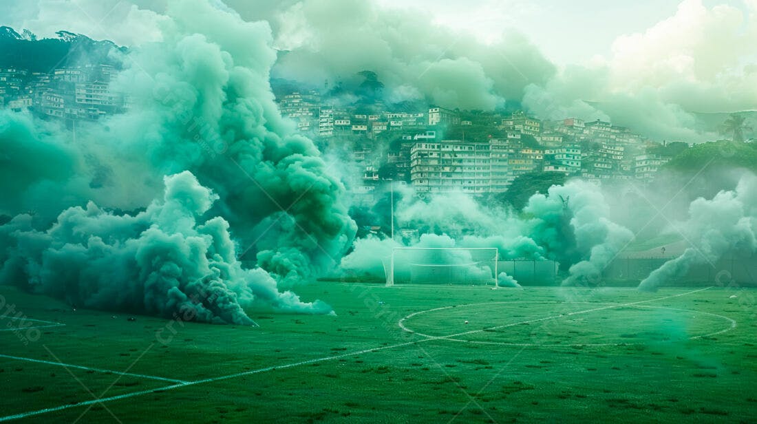 Campo de futebol com fumaça verde