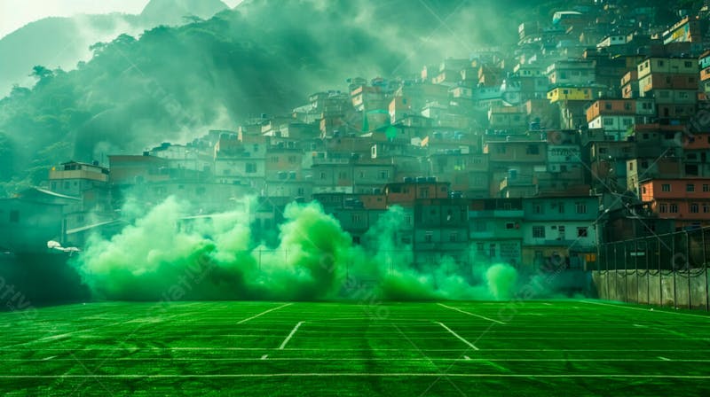 Imagem de fundo campo de futebol na favela com fumaça verde 29
