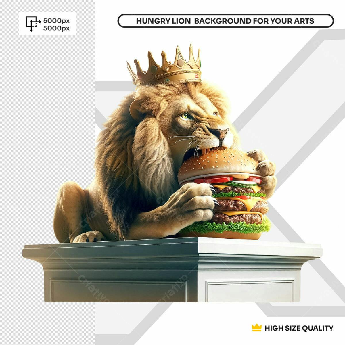Background Leão com Coroa comendo Hambúrguer Gigante PSD Editável