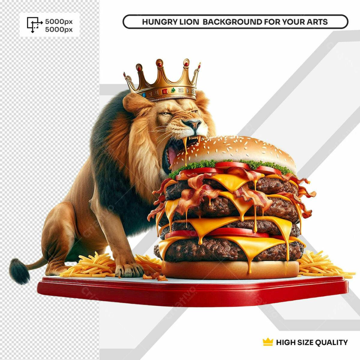 Background Leão Rei comendo Hambúrguer Gigante PSD Editável