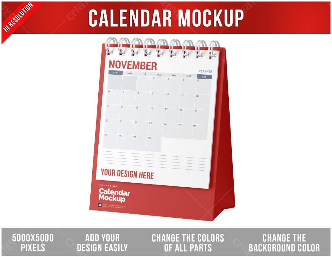 Mockup Calendário de Mesa Vermelho - Design Moderno