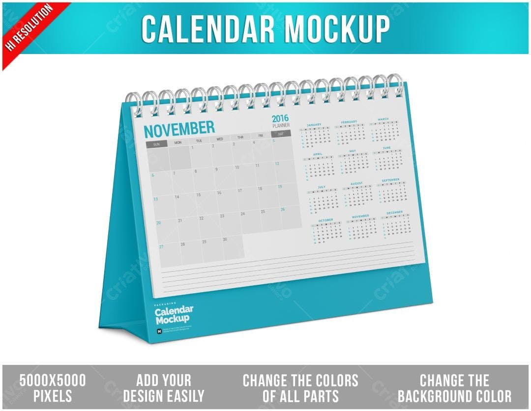 Mockup Calendário Mesa 2016: Azul Claro, Design Moderno