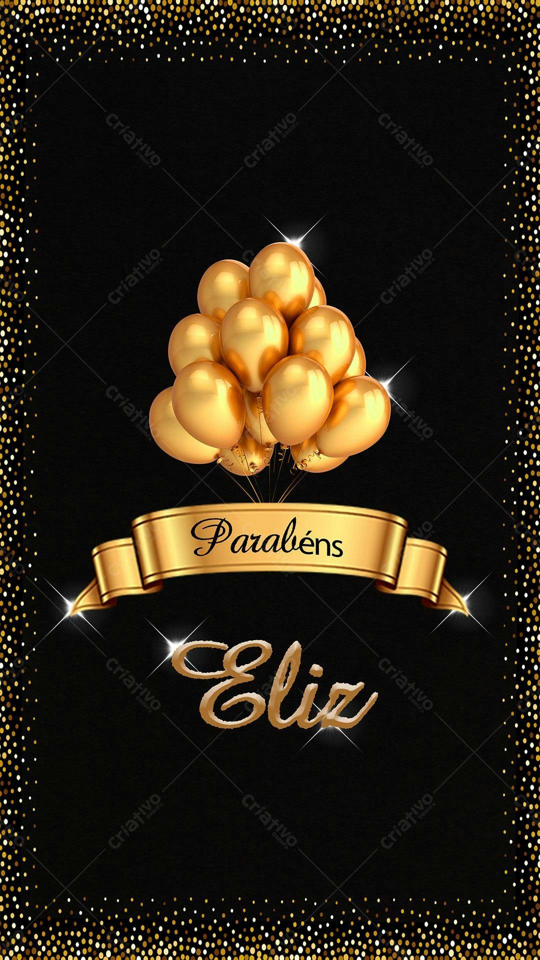 Convite de Aniversário com Balões Dourados PSD Editável
