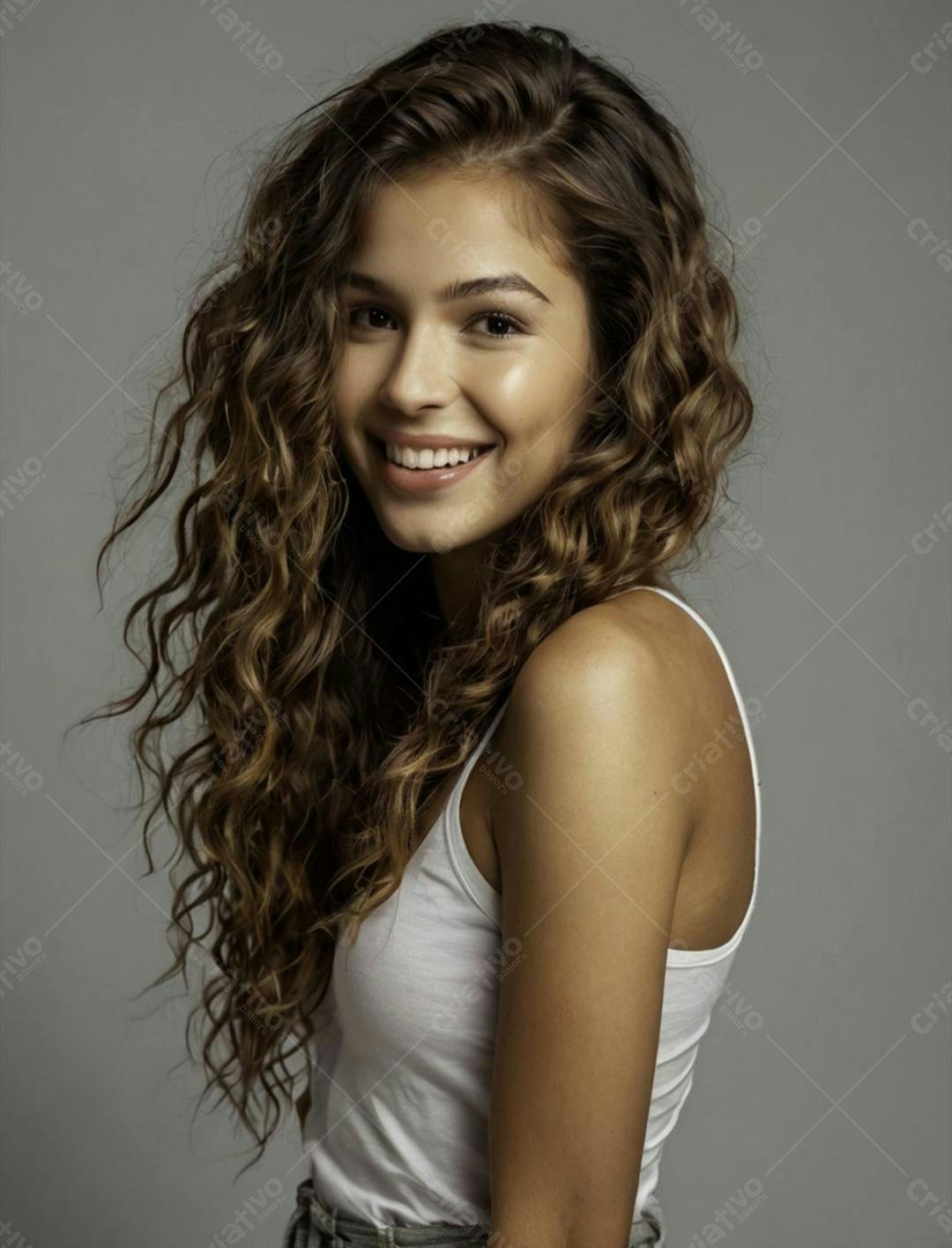 Modelo sorrindo com cabelos cacheados castanhos