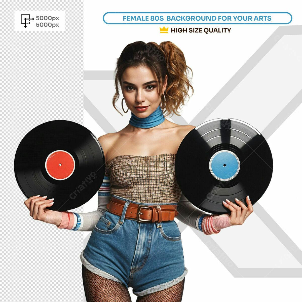 Background anos 80 com mulher e discos de vinil PSD Editável