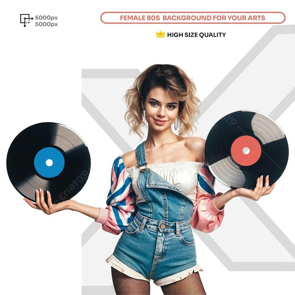 Jovem Loira Estilo Anos 80 Segurando Dois Discos De Vinil Flash Back