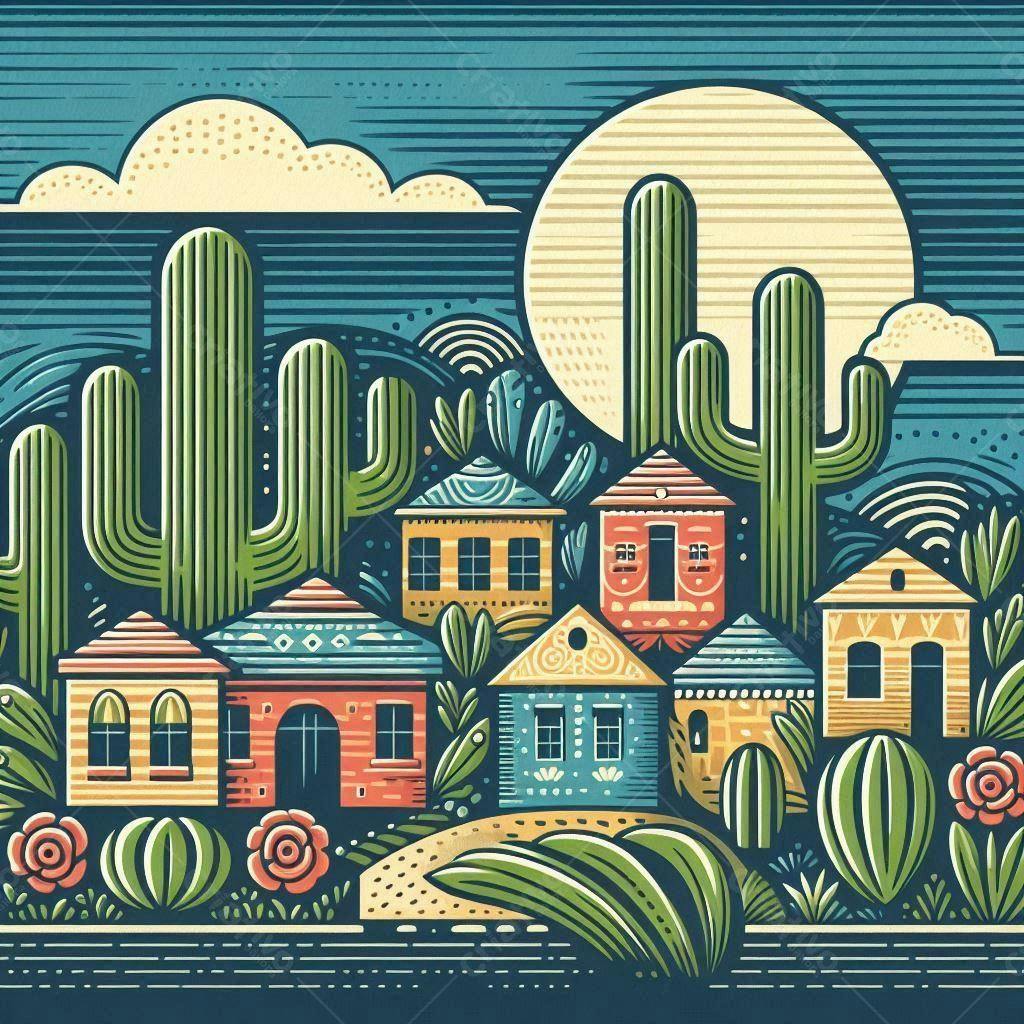 Casas coloridas no deserto sob a lua
