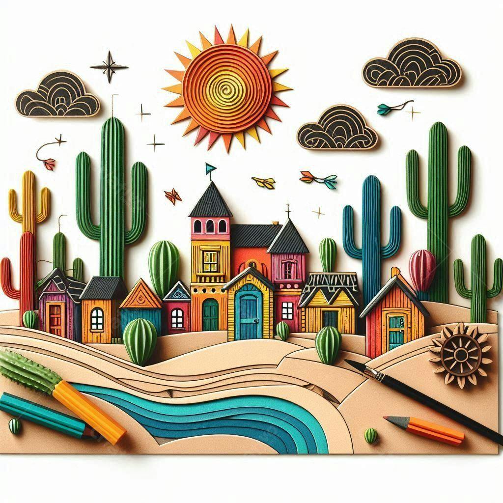 Vila colorida no deserto com cactos