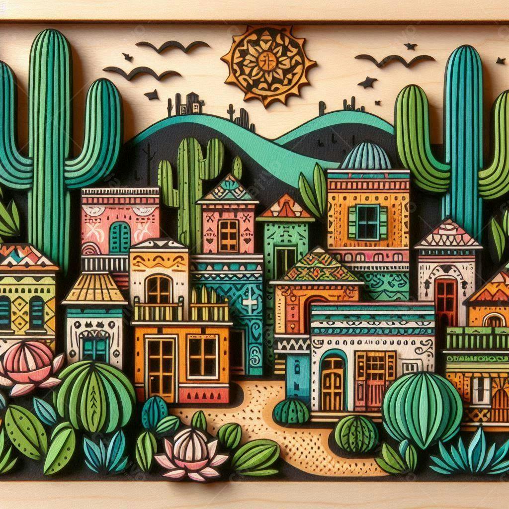 Vila colorida no deserto com cactos