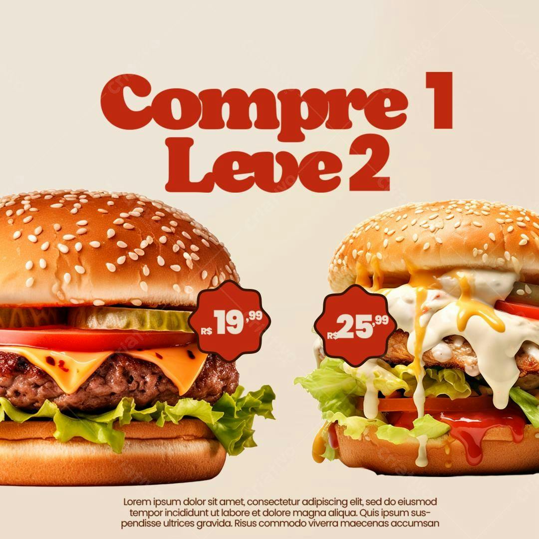 Flyer Promoção Compre 1 Leve 2 Hambúrguer PSD Editável