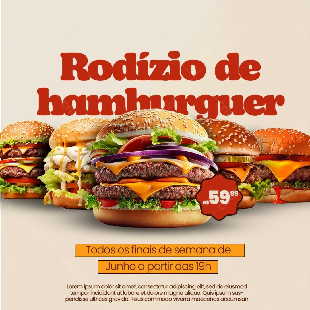 Flyer Rodízio de Hambúrguer Junho PSD Editável