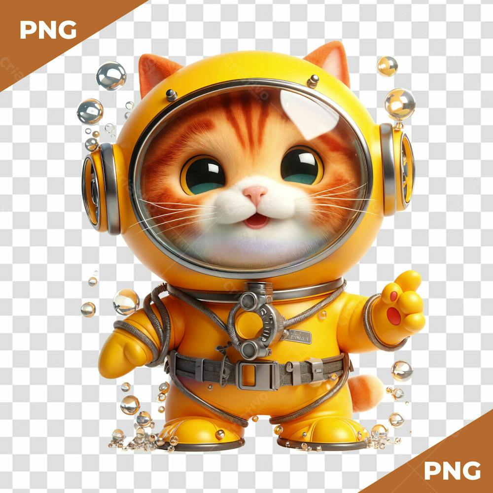 Elemento 3D Gato Laranja Com Roupa de Mergulhador Laranja