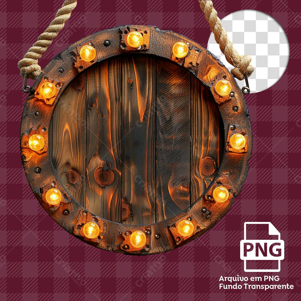 Quadro de madeira rústico com lâmpadas PNG com fundo transparente