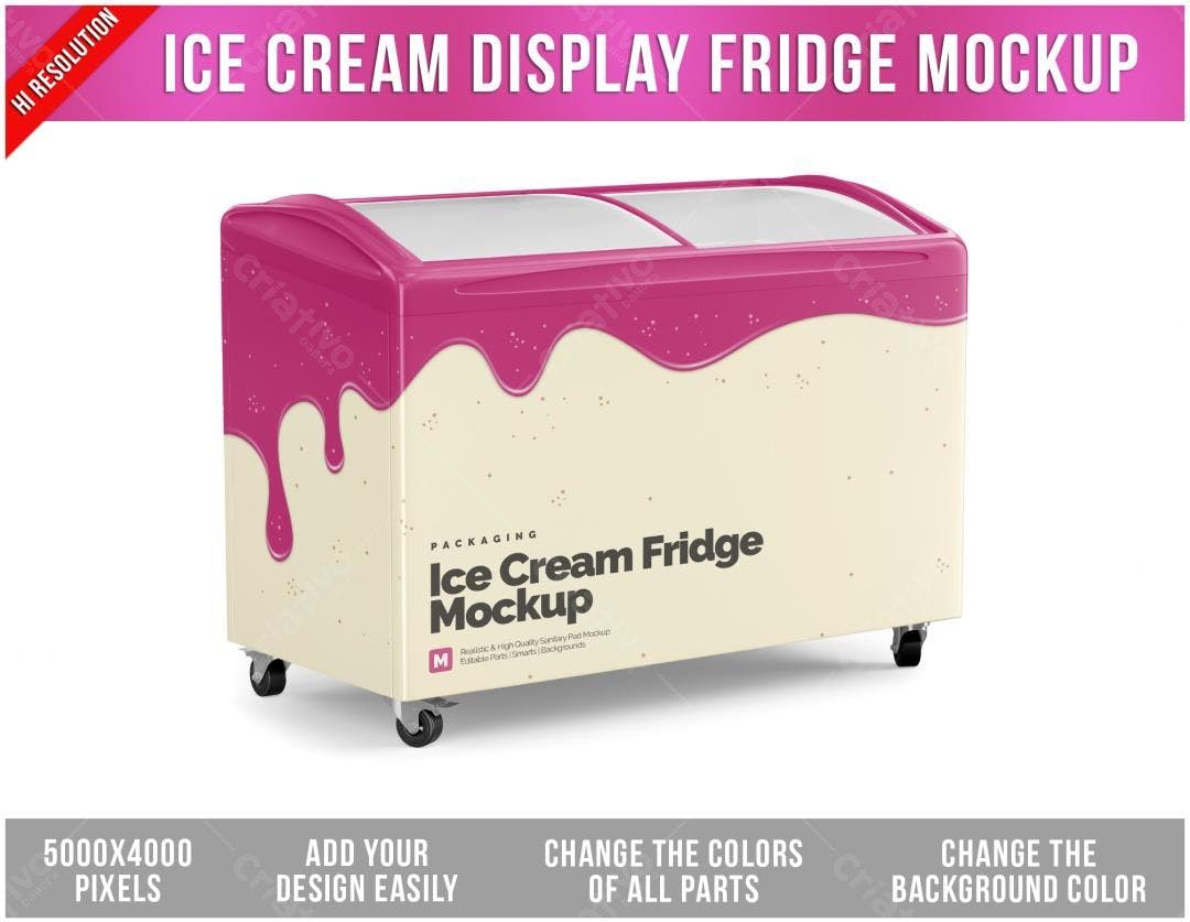 Mockup de Geladeira Expositora de Sorvete Rosa e Bege
