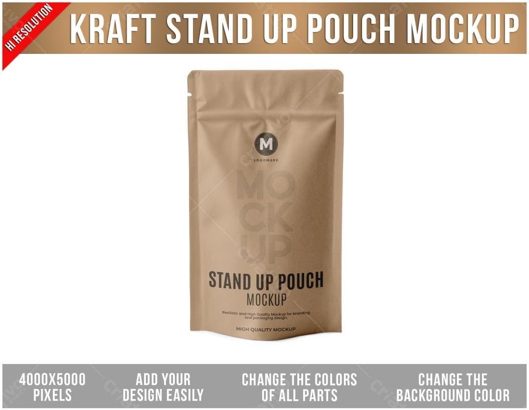 Mockup Embalagem Kraft: Pouch para Café e Alimentos