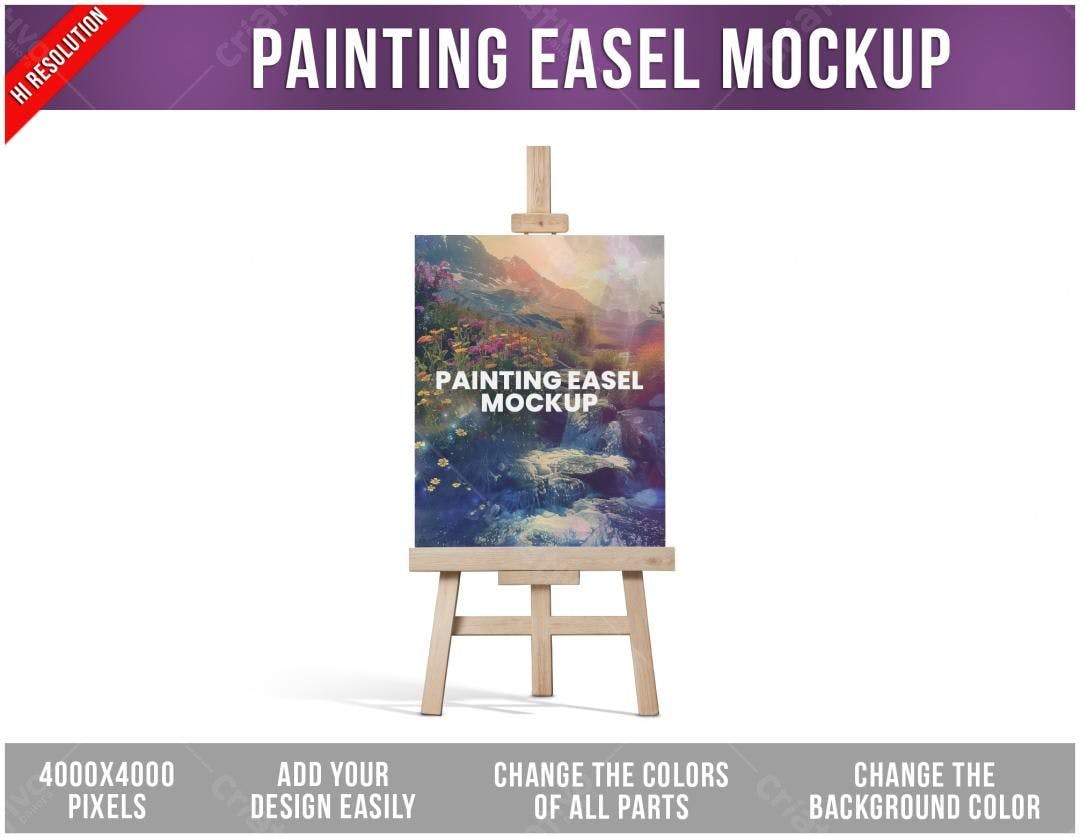 Mockup Cavalete de Madeira com Pintura Paisagística
