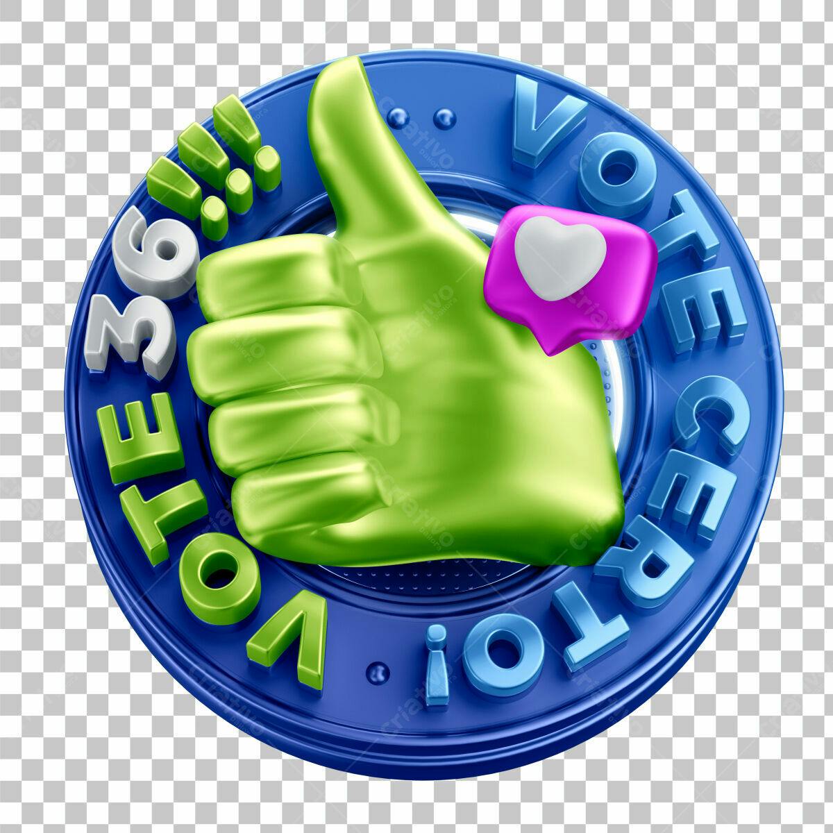 Selo 3D de votação com polegar verde e azul