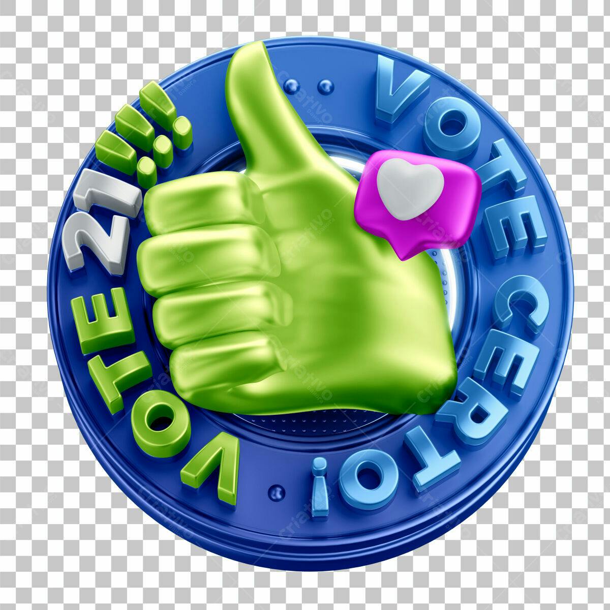 Selo 3D de votação com polegar verde e azul