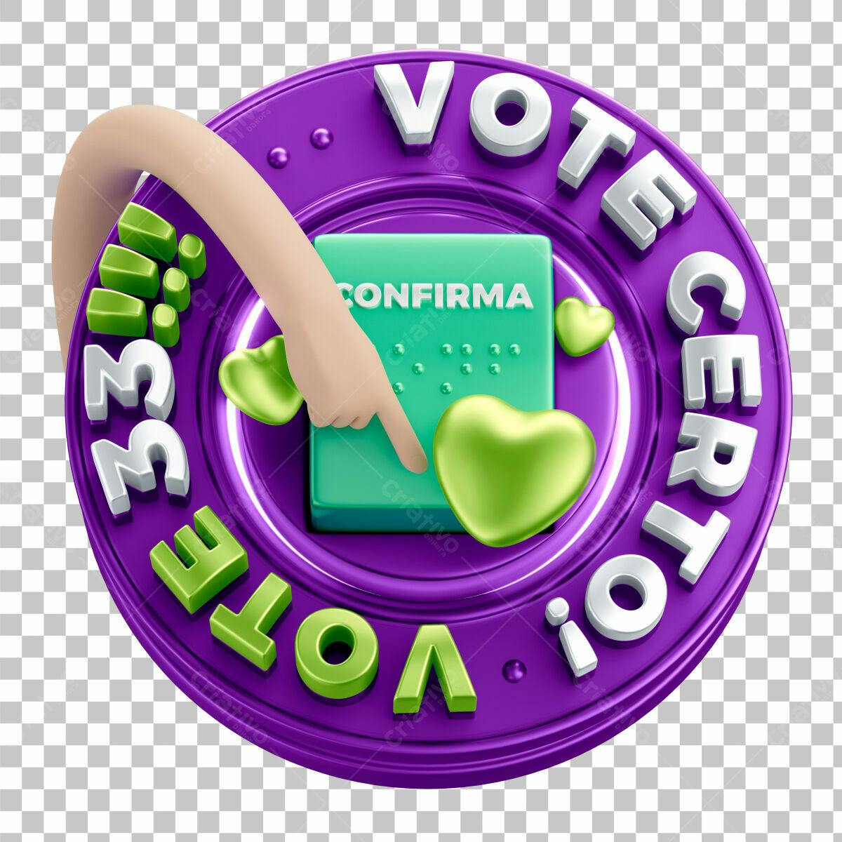 Selo 3D de votação roxa e verde com corações