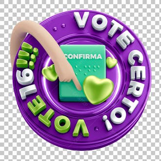 Selo 3d campanha política vote certo vote 16 com fundo transparente