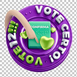 Selo 3d campanha política vote certo vote 12 com fundo transparente