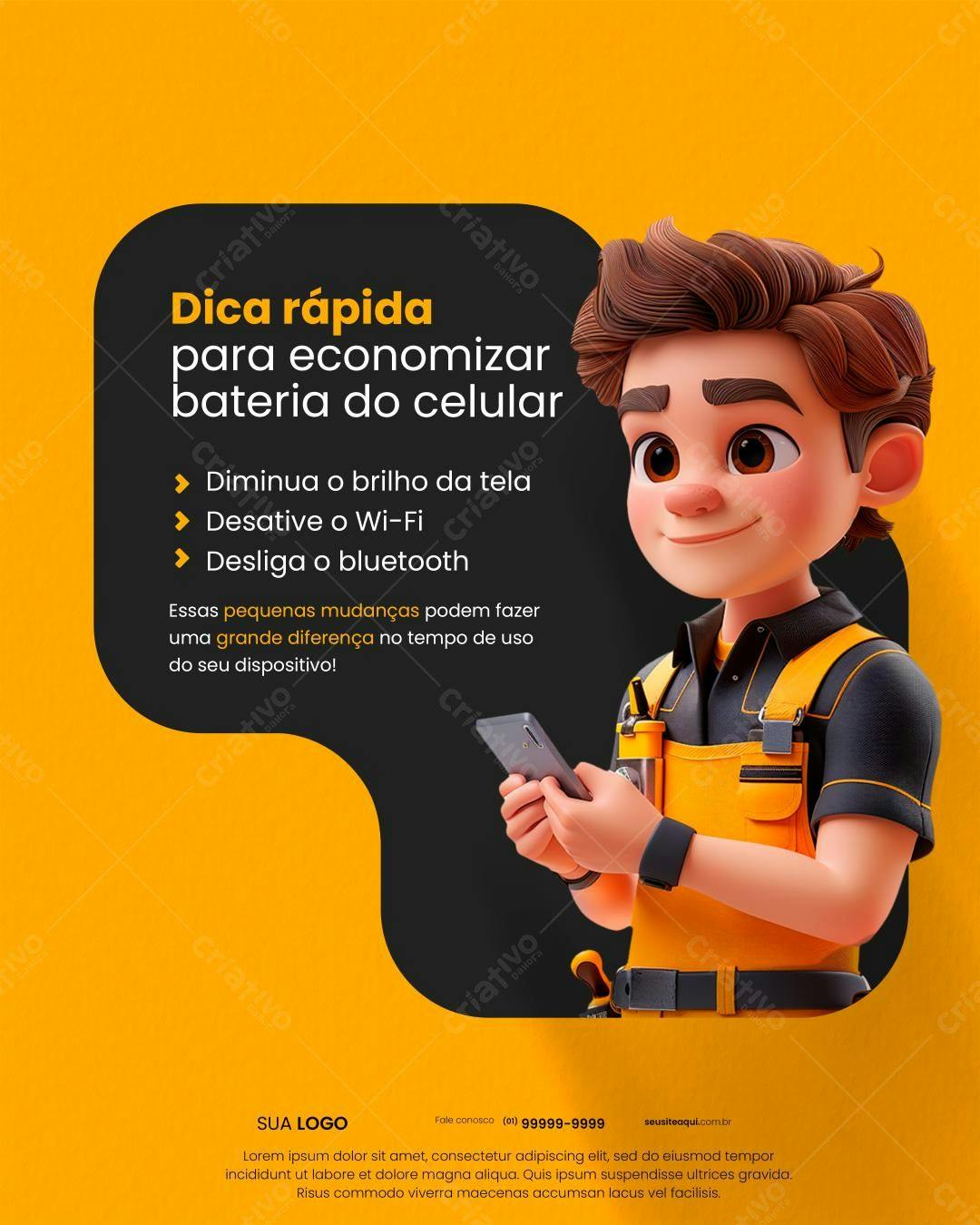 Flyer Dicas para Economizar Bateria do Celular PSD Editável
