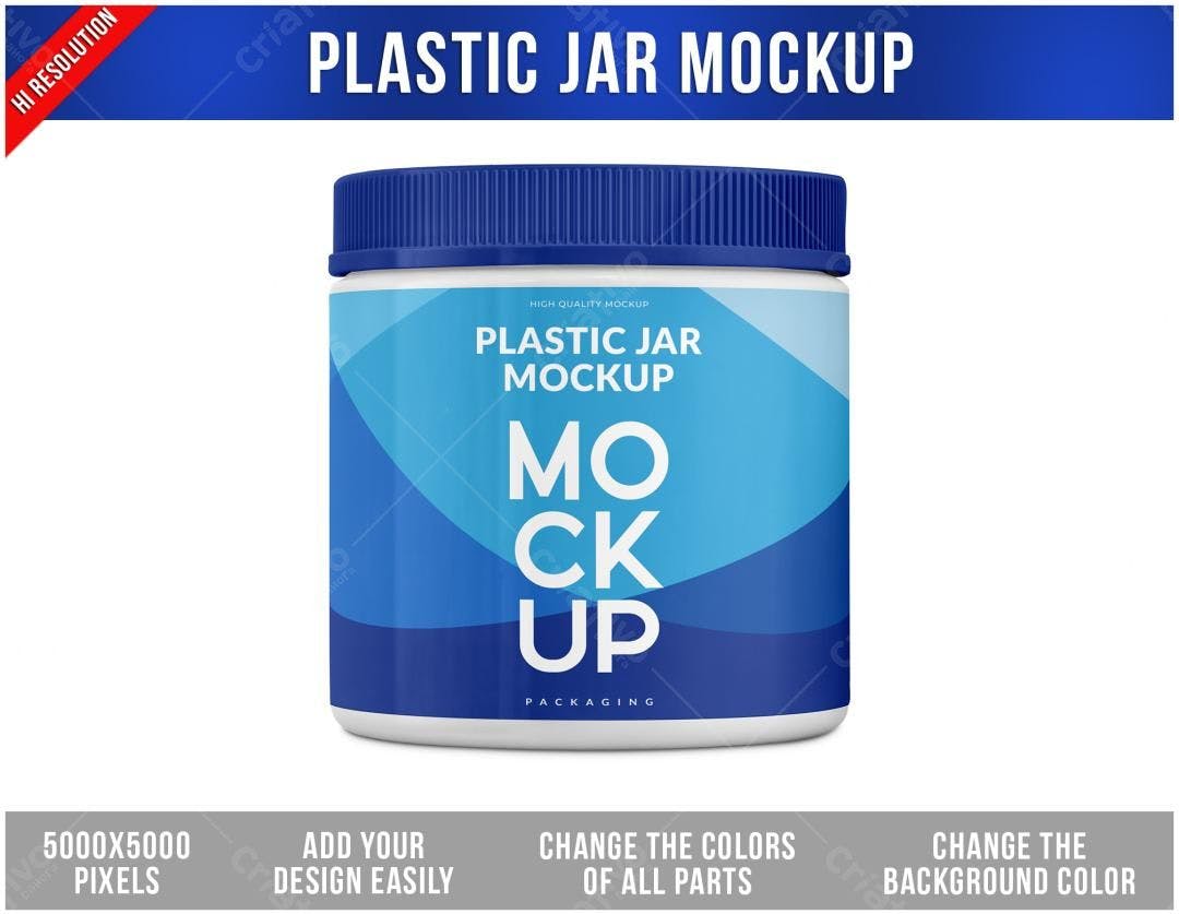 Mockup de Pote Plástico Azul e Branco - Embalagem Realista