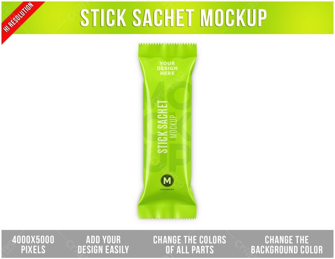 Mockup de Sachê Verde-Lima: Embalagem Realista para Alimentos