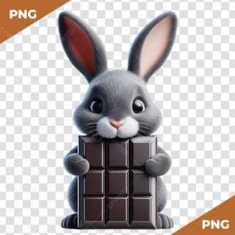 Elemento 3d coelho da páscoa com uma barra de chocolate