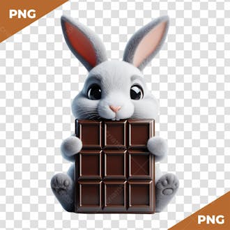 Elemento 3d coelho da páscoa com uma barra de chocolate