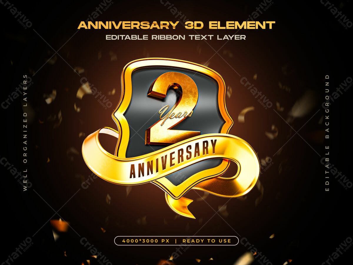 Elemento 3D Aniversário 2 Anos PSD Editável