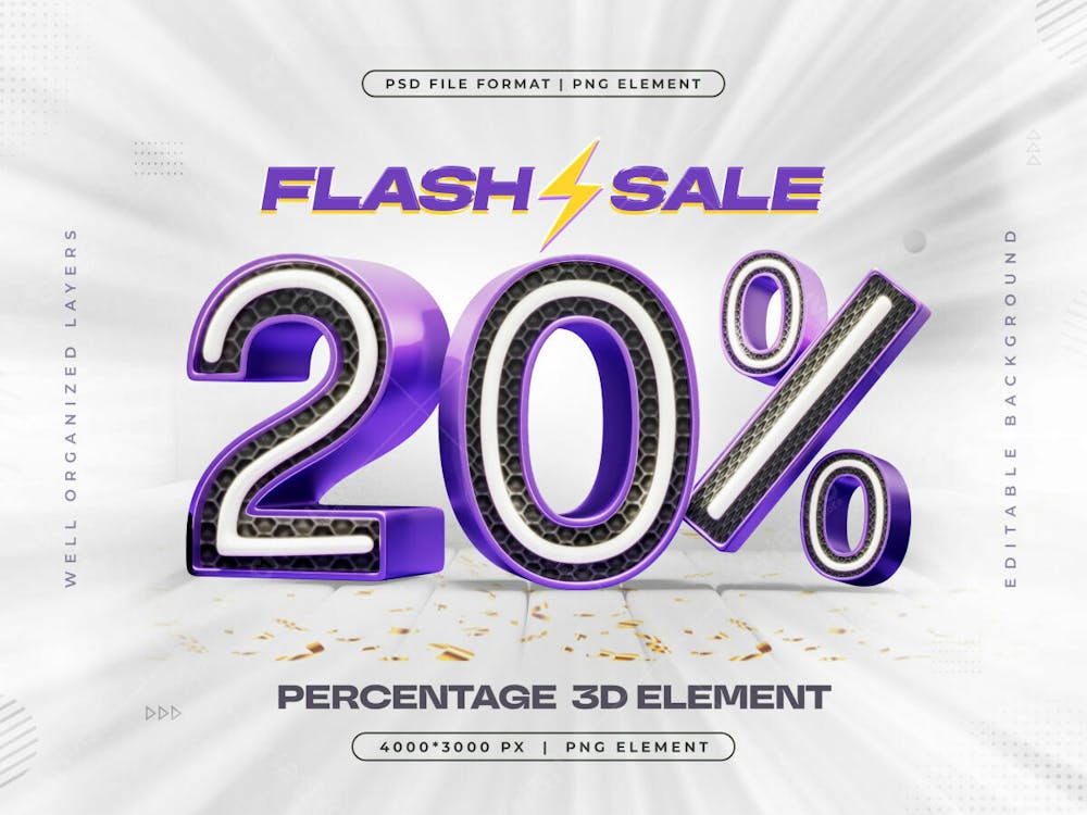 3D Flash Sale Logo With 20 Percent Discount Offer 3D Render Illustration