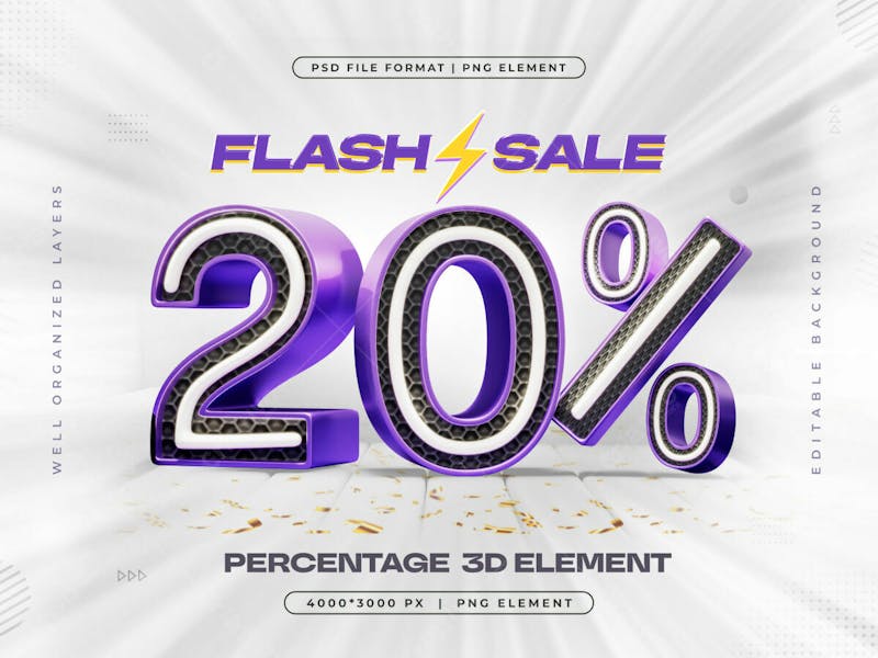 3d flash sale logo with 20 percent discount offer 3d render illustration