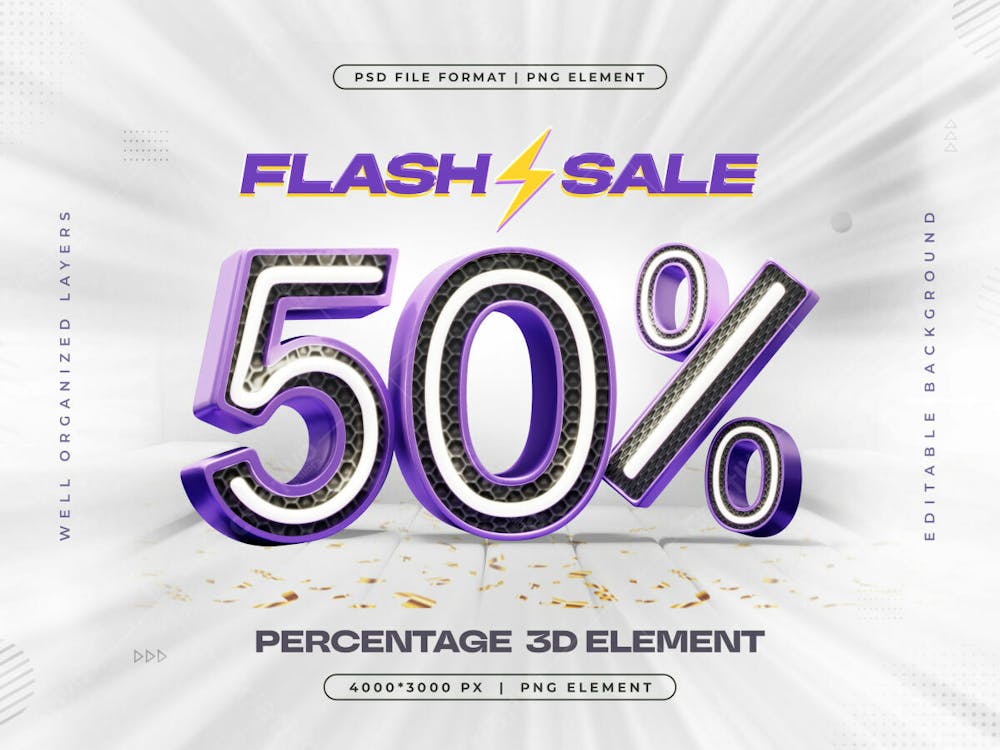 3D Flash Sale Logo With 50 Percent Discount Offer 3D Render Illustration