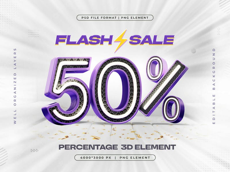 3d flash sale logo with 50 percent discount offer 3d render illustration