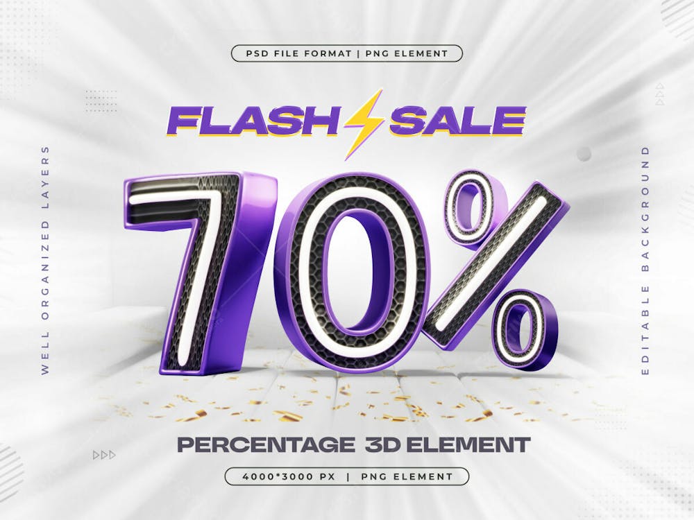 3D Flash Sale Logo With 70 Percent Discount Offer 3D Render Illustration