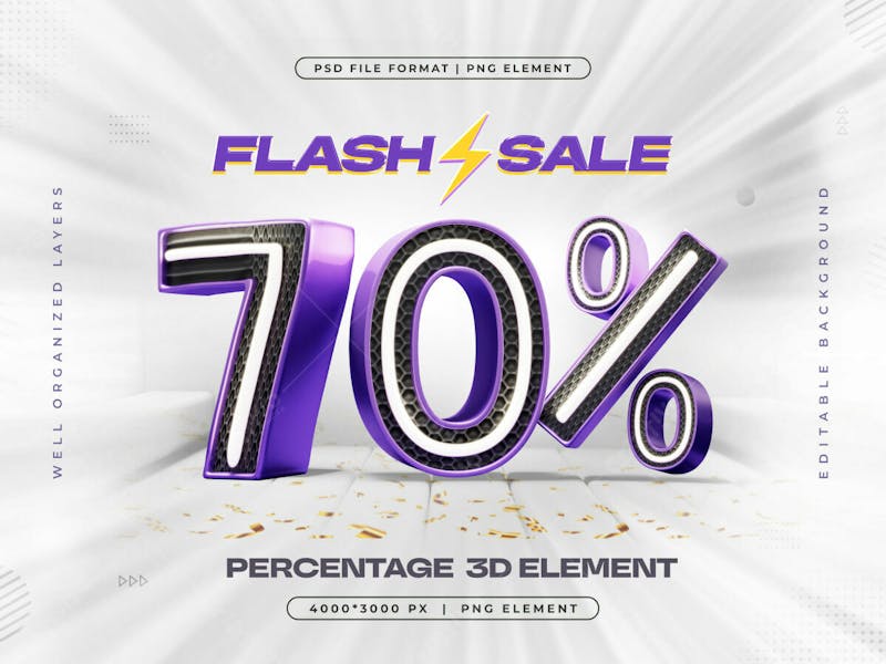 3d flash sale logo with 70 percent discount offer 3d render illustration