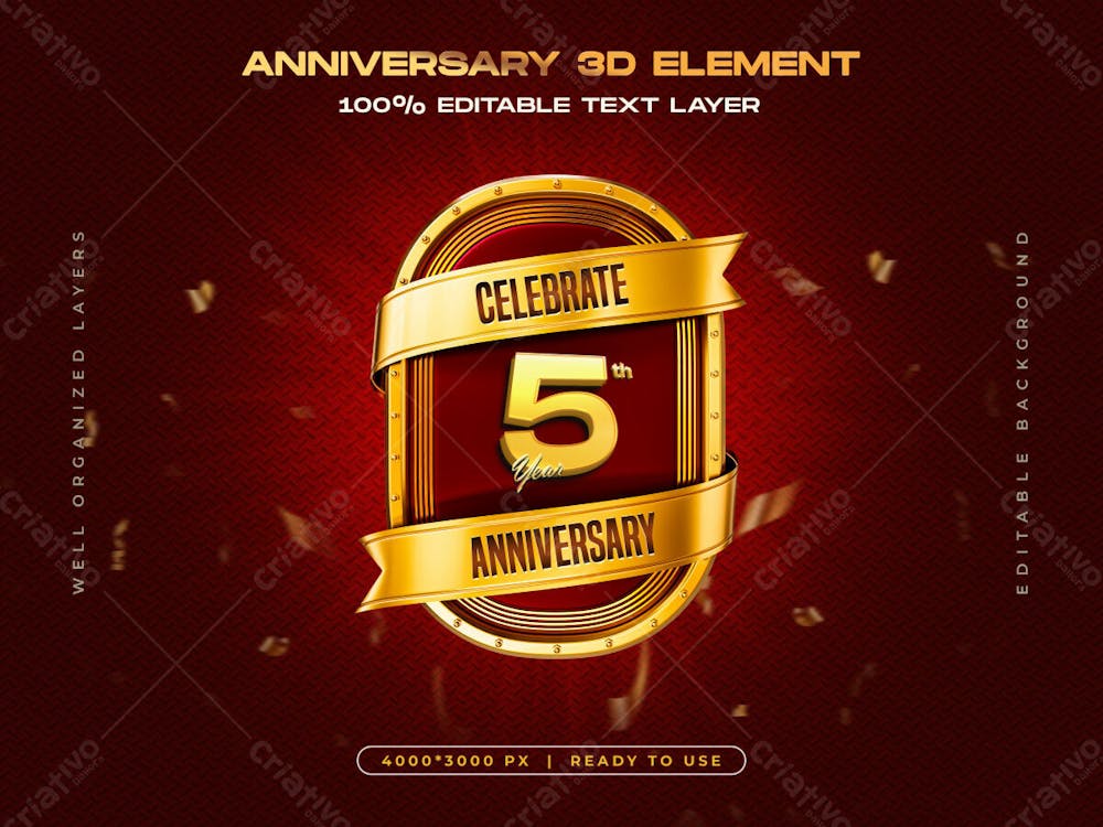 5Th Anniversary Celebration 3D Golden Badge Template Composition