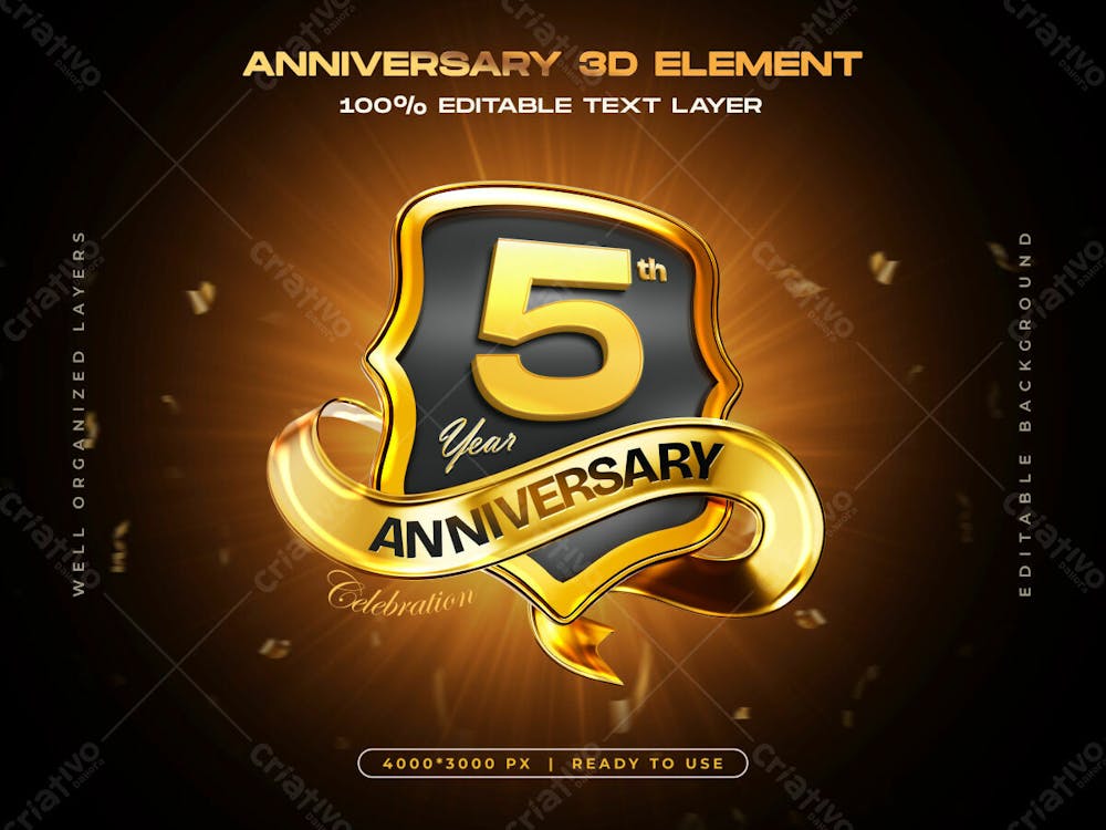 5Th Year Anniversary Celebration Badge With Golden Number And Luxury Ribbon Banner Design