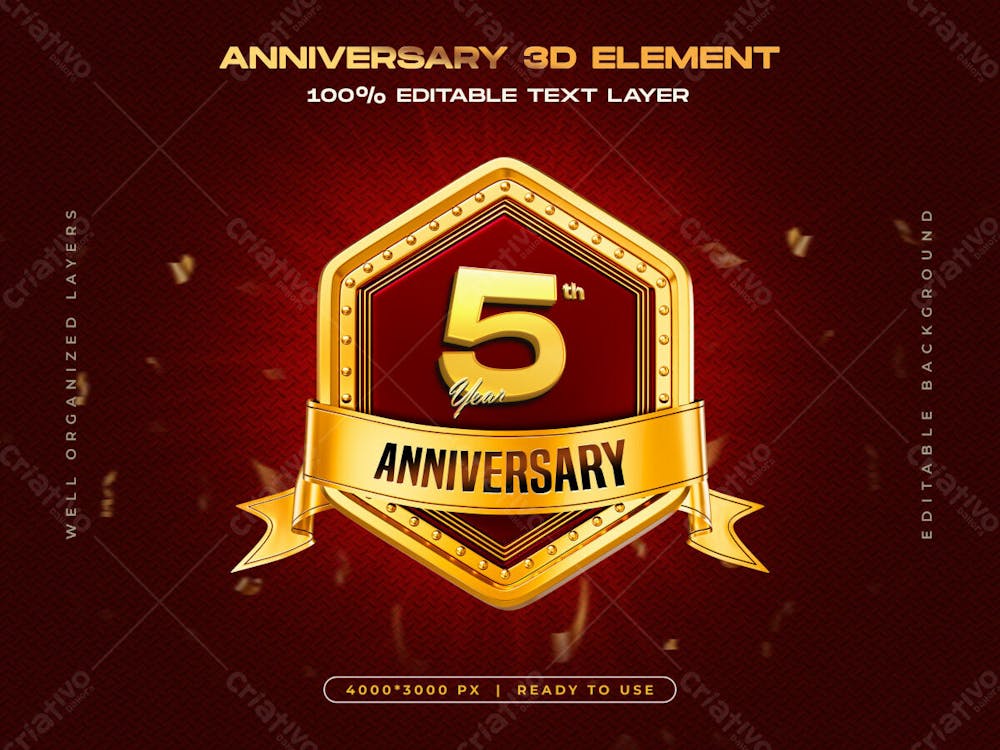 5Th Anniversary Celebration 3D Golden Badge Template For Composition