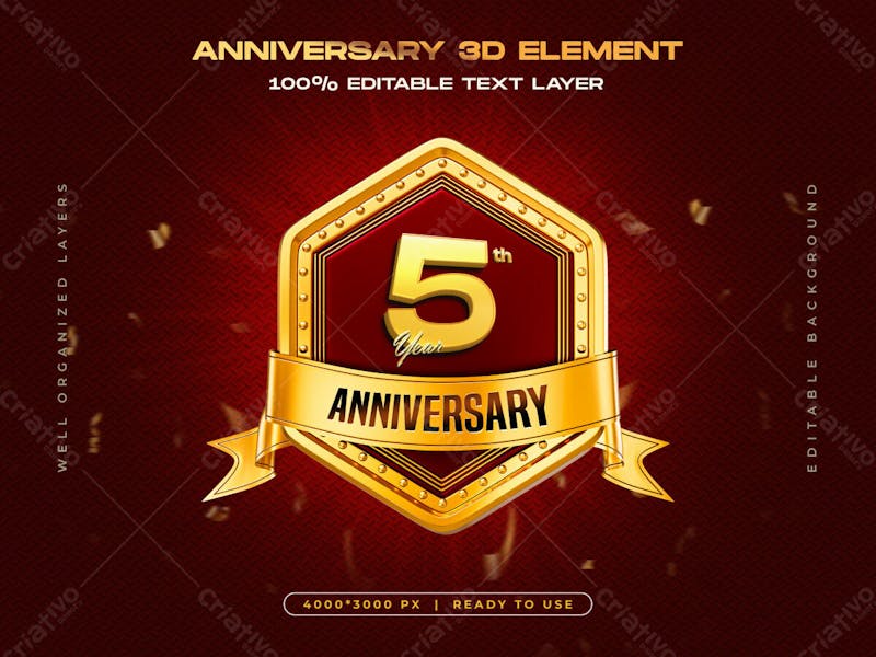 5th anniversary celebration 3d golden badge template for composition