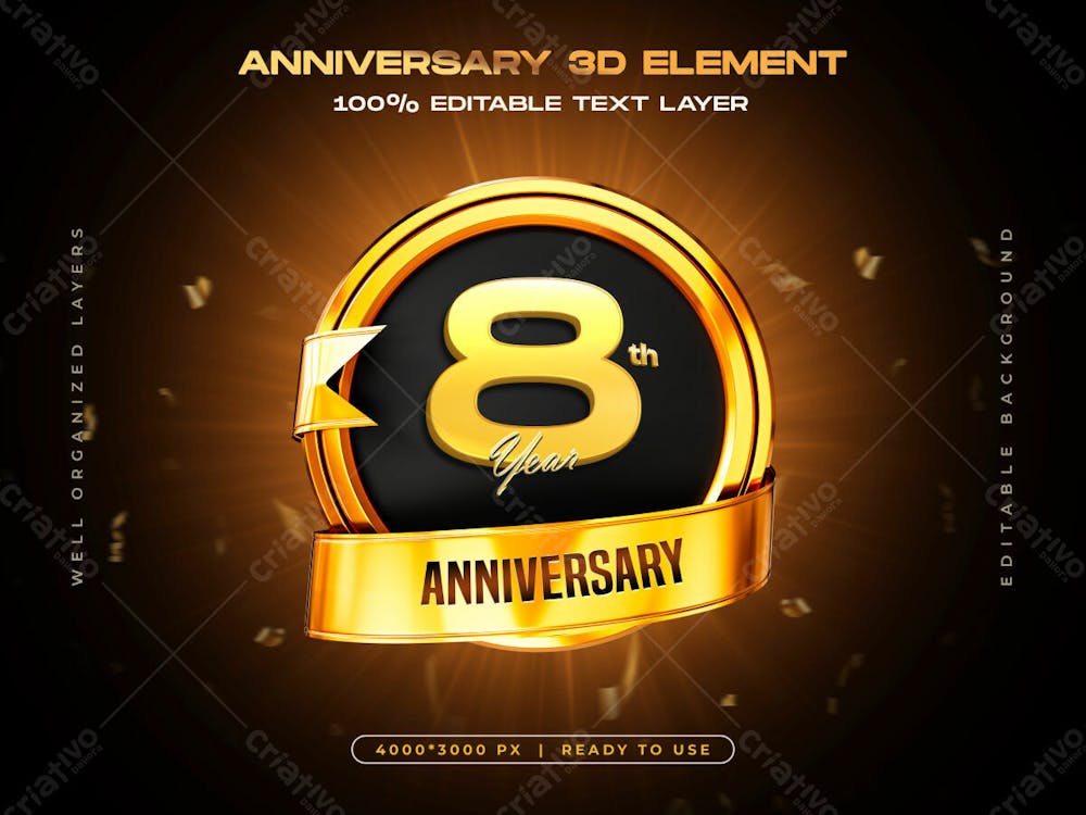 8Th Anniversary Celebration 3D Golden Badge Template For Composition