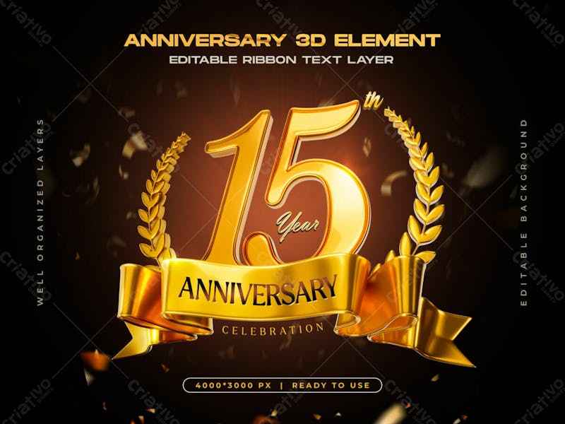 15th year anniversary celebration badge with golden number and luxury ribbon banner design