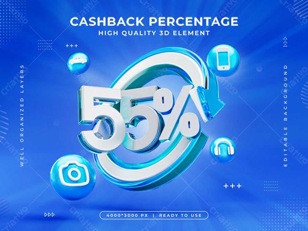 55 Percent Cashback Icon Isolated 3D Render Illustration