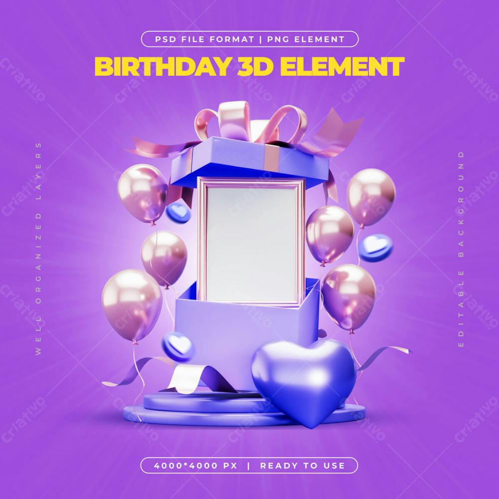 Birthday Blast Surprise Gift Box And Portrait Frame 3D Elements Social Media Isolated