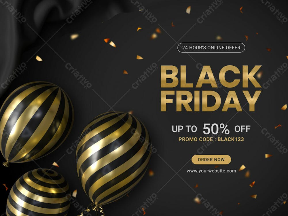 Black Friday Sale Banner Design Template With Realistic Balloons And Confetti