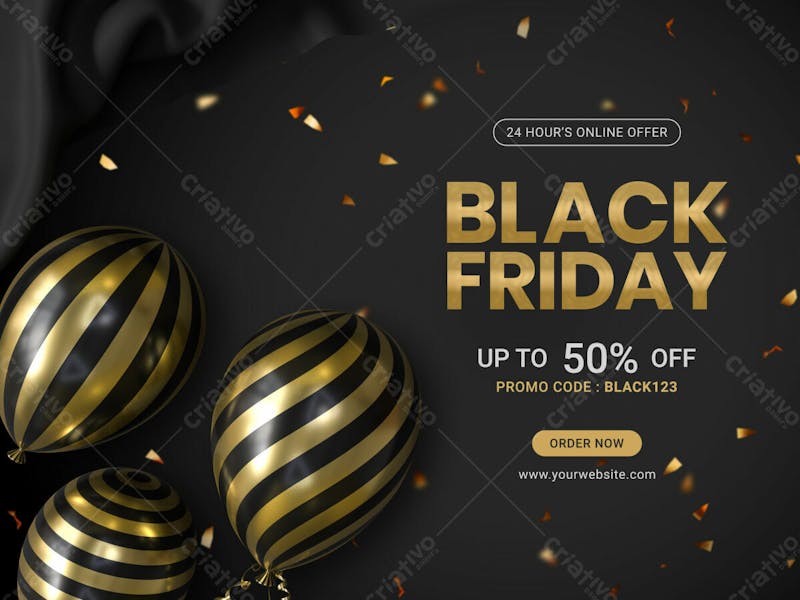Black friday sale banner design template with realistic balloons and confetti
