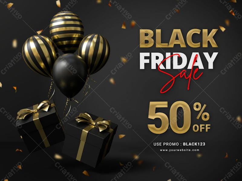 Black friday sale banner design template with realistic balloons and gift box