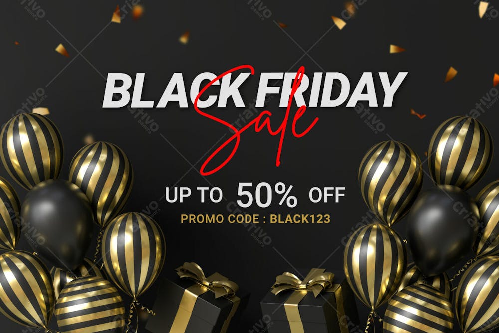 Black Friday Sale Banner Design Template With Realistic Balloons And Gift Box