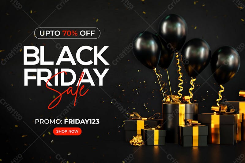 Black friday sale banner design template with realistic balloons and gift box